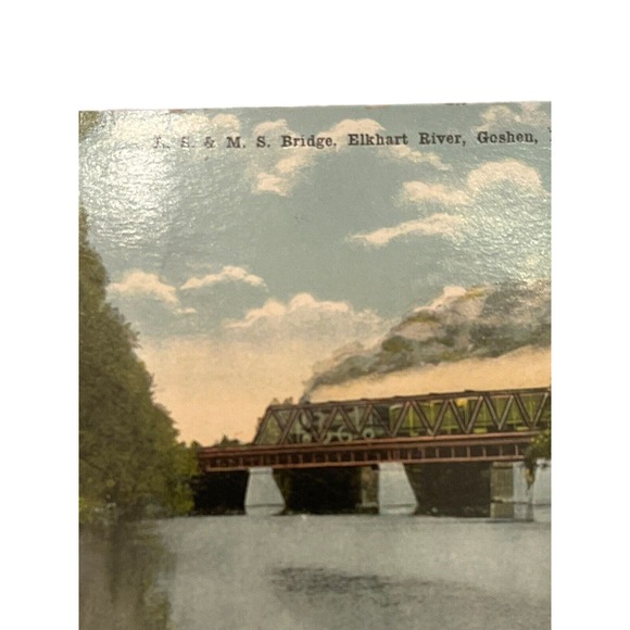 Antique Early 1900s Litho Ephemera Postcard LS&MS RR Train Elkhart River Goshen - Picture 2 of 6